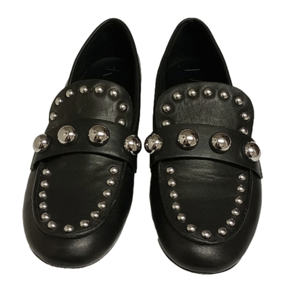 KARL LAGERFELD "AVAH" BLACK LEATHER LOAFER FLATS SHOES WITH SILVER DOME STUDS - Picture 3 of 13